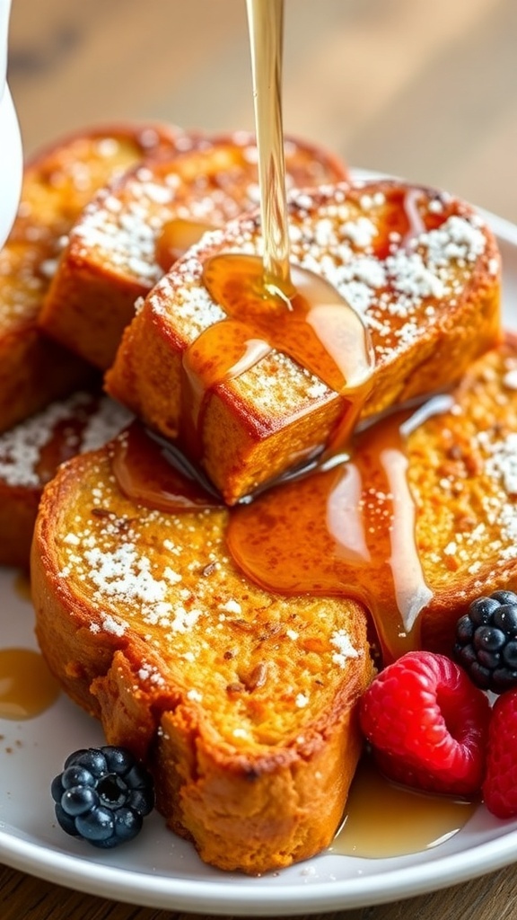 Pumpkin bread French toast with maple syrup and berries on a plate.